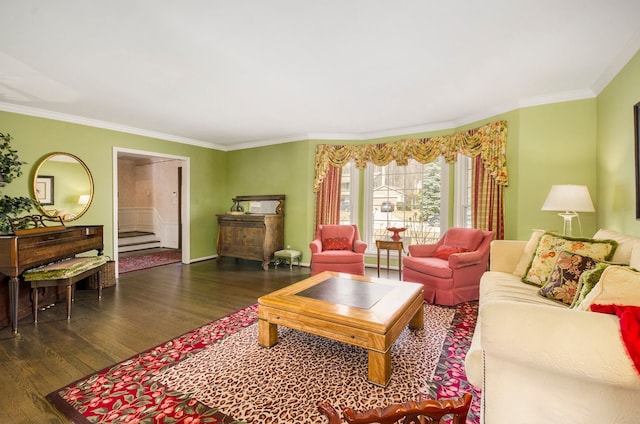 living room with crown molding, stairway, and wood finished floors