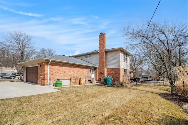 view of property exterior with driveway, a yard, an attached garage, brick siding, and a chimney