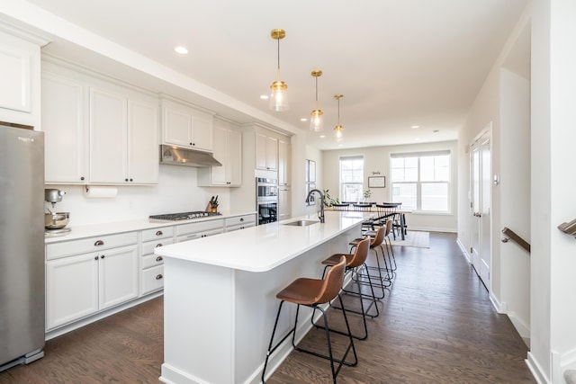 kitchen with an island with sink, under cabinet range hood, a sink, dark wood-style floors, and stainless steel appliances