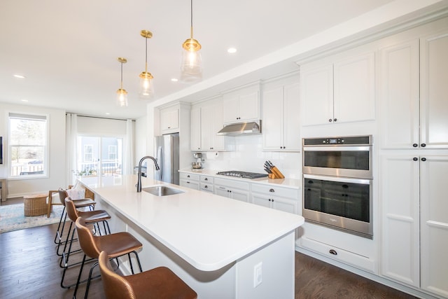 kitchen featuring an island with sink, under cabinet range hood, a sink, stainless steel appliances, and dark wood-style flooring