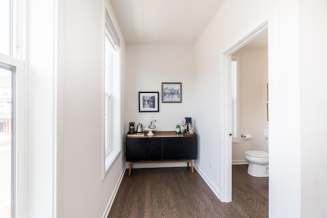 bathroom with toilet, wood finished floors, and baseboards