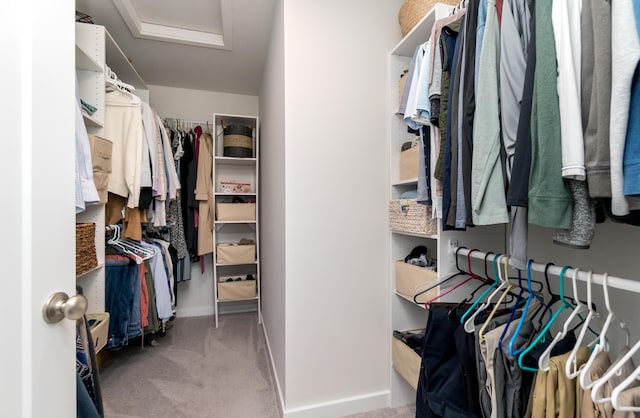 spacious closet with carpet floors and attic access