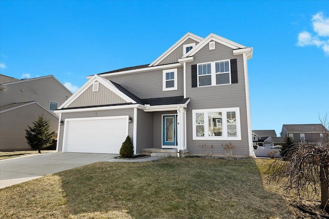 view of front of property featuring a front lawn, an attached garage, board and batten siding, and driveway