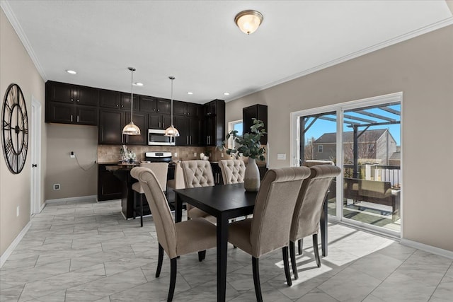 dining area with recessed lighting, baseboards, marble finish floor, and ornamental molding