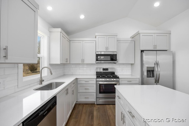 kitchen with a sink, dark wood finished floors, appliances with stainless steel finishes, light countertops, and vaulted ceiling