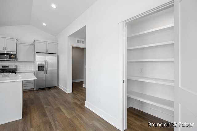 kitchen featuring light countertops, vaulted ceiling, dark wood-type flooring, and stainless steel appliances