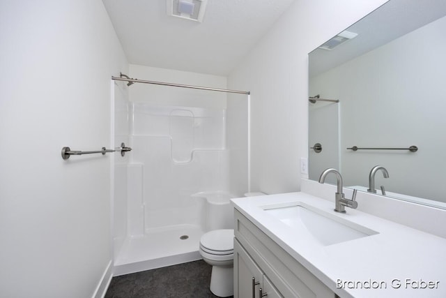 bathroom featuring visible vents, toilet, walk in shower, and vanity