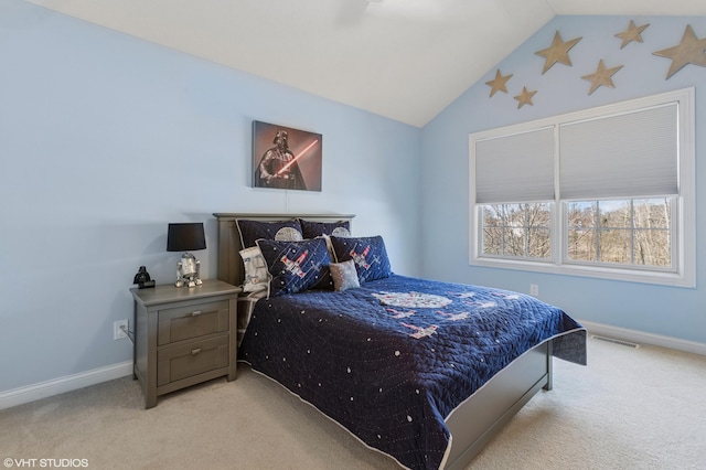 bedroom featuring visible vents, lofted ceiling, light colored carpet, and baseboards