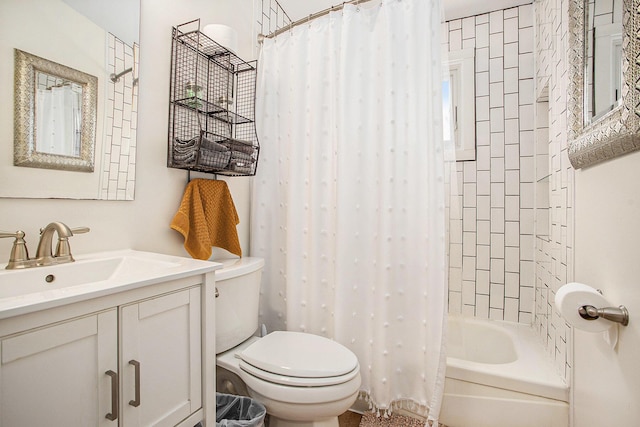 full bath with toilet, vanity, and shower / tub combo