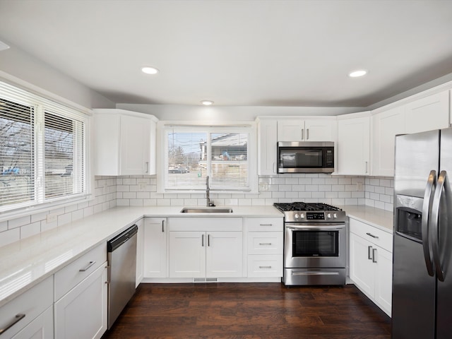 kitchen featuring a healthy amount of sunlight, appliances with stainless steel finishes, dark wood-type flooring, and a sink