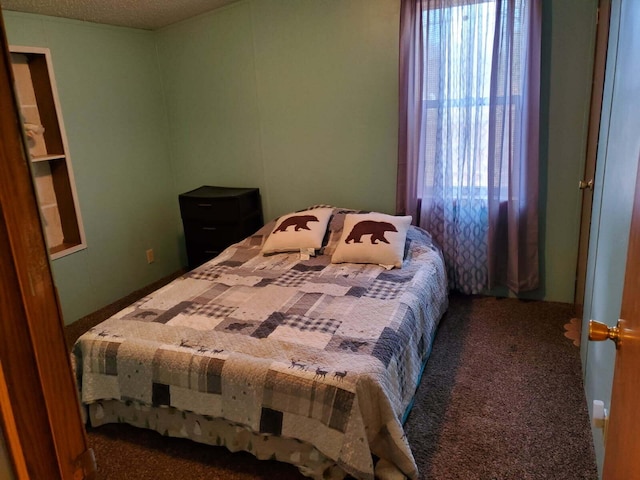 carpeted bedroom with multiple windows and a textured ceiling