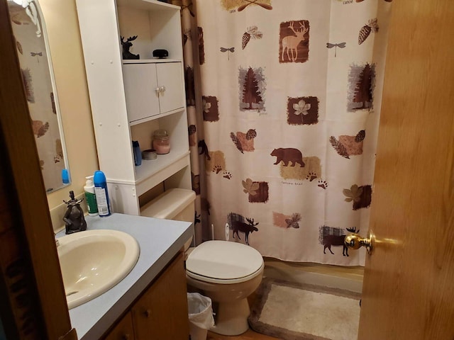 bathroom featuring toilet, curtained shower, and vanity