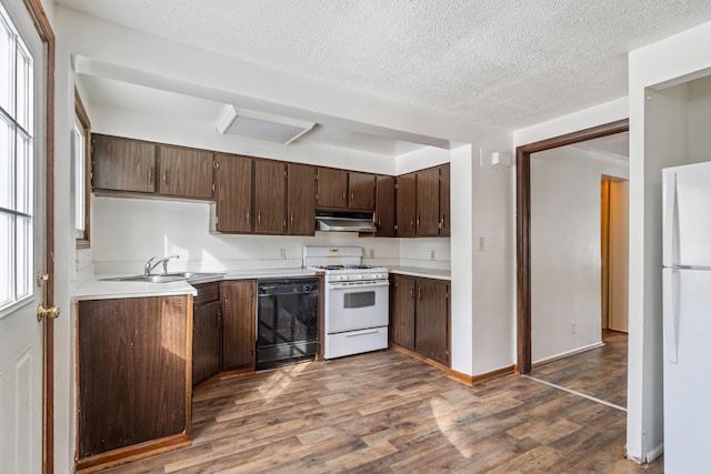 kitchen with under cabinet range hood, dark wood finished floors, light countertops, white appliances, and a sink