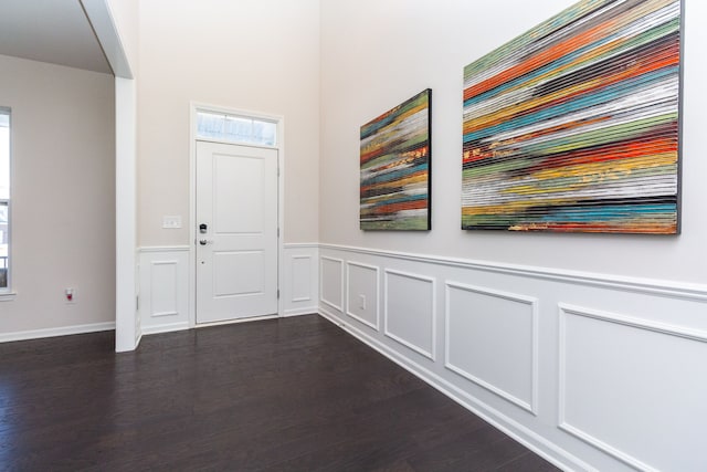 entryway featuring dark wood finished floors, wainscoting, and a wealth of natural light