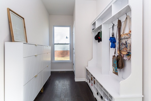 mudroom with baseboards and dark wood-style flooring