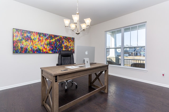 home office with an inviting chandelier, wood finished floors, and baseboards