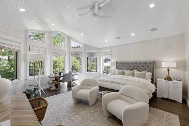 bedroom featuring recessed lighting, lofted ceiling, and wood finished floors