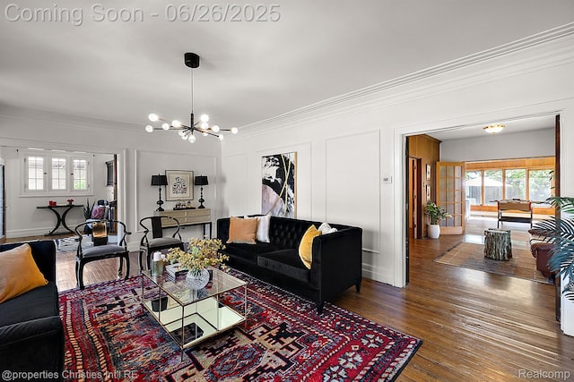 19344 Strathcona Dr, Detroit, MI 48203 - living room featuring crown molding, a chandelier, wood finished floors, and a decorative wall