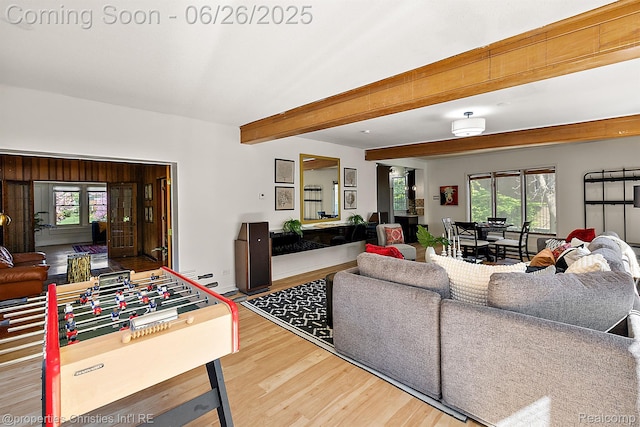 19344 Strathcona Dr, Detroit, MI 48203 - living room featuring wood finished floors and beamed ceiling