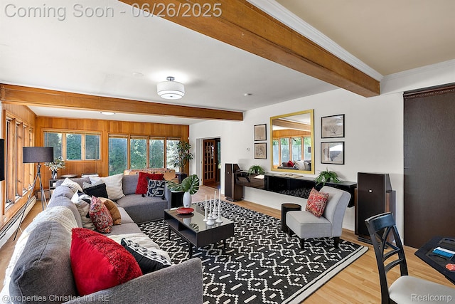 19344 Strathcona Dr, Detroit, MI 48203 - living area with beam ceiling, wood finished floors, and ornamental molding