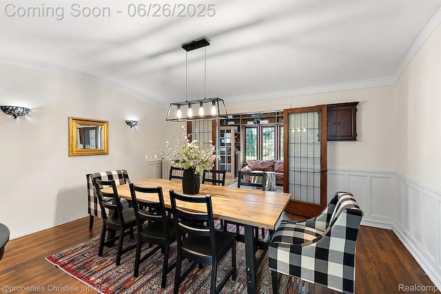 19344 Strathcona Dr, Detroit, MI 48203 - dining area with dark wood finished floors, a wainscoted wall, and french doors