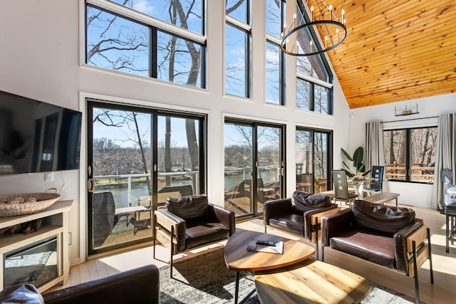 2060 S Algonquin Dr, Benton Harbor, MI 49022 - sunroom / solarium featuring vaulted ceiling, a chandelier, and a water view