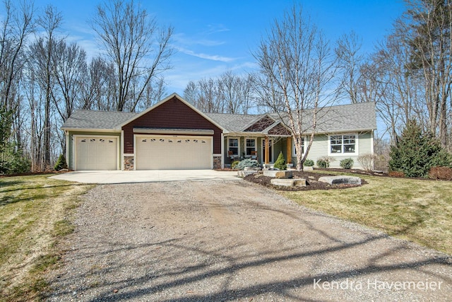 ranch-style home with a front lawn, dirt driveway, roof with shingles, stone siding, and an attached garage