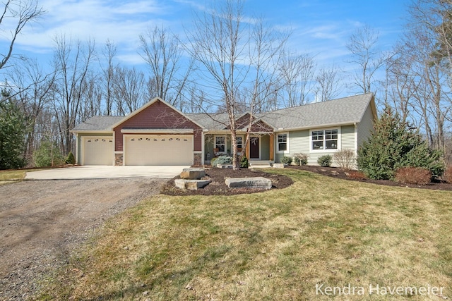 ranch-style home featuring a shingled roof, a front yard, a garage, stone siding, and driveway