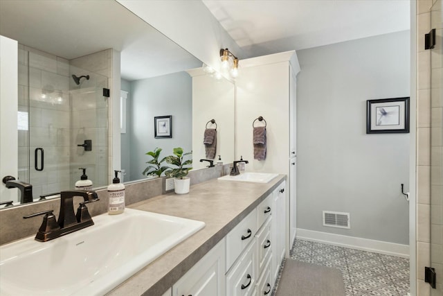 full bathroom featuring visible vents, a stall shower, and a sink