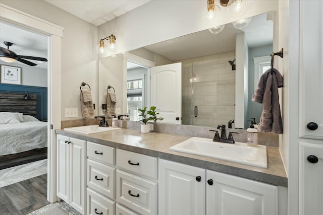 ensuite bathroom featuring a shower stall, a healthy amount of sunlight, ceiling fan, and a sink