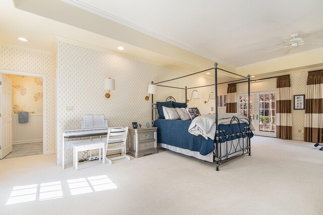 carpeted bedroom featuring crown molding, recessed lighting, baseboards, and wallpapered walls