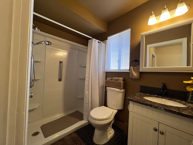 full bath with tile patterned flooring, a shower stall, toilet, and vanity