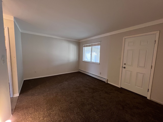 empty room with ornamental molding, dark carpet, and a baseboard radiator