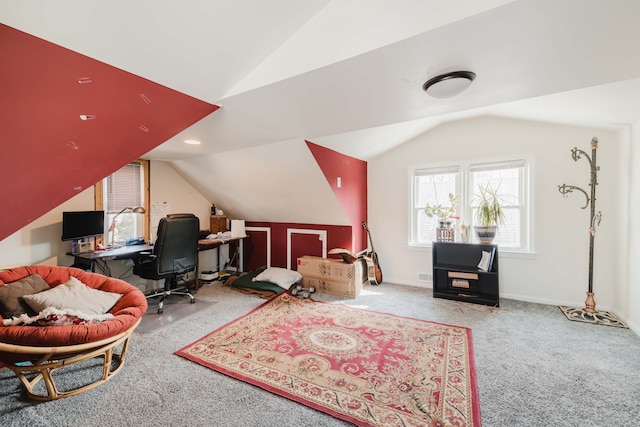 office featuring lofted ceiling, recessed lighting, carpet, and baseboards