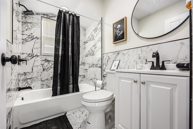 bathroom with vanity, shower / bath combo, tile walls, toilet, and marble finish floor