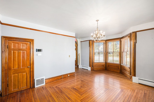 unfurnished room featuring a baseboard heating unit, parquet floors, visible vents, and a chandelier