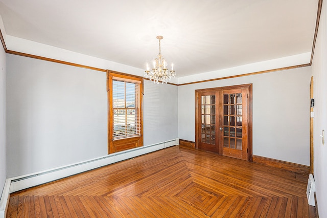 spare room featuring a notable chandelier, a baseboard heating unit, french doors, a baseboard radiator, and baseboards