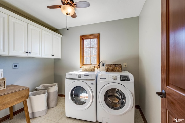 laundry room with baseboards, cabinet space, a ceiling fan, and washer and clothes dryer