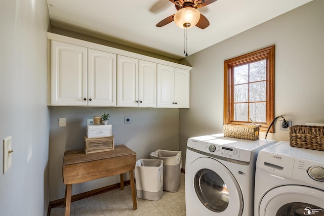 laundry room featuring baseboards, light tile patterned floors, cabinet space, a ceiling fan, and separate washer and dryer