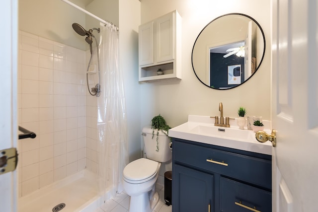 full bath with vanity, toilet, a stall shower, and tile patterned flooring