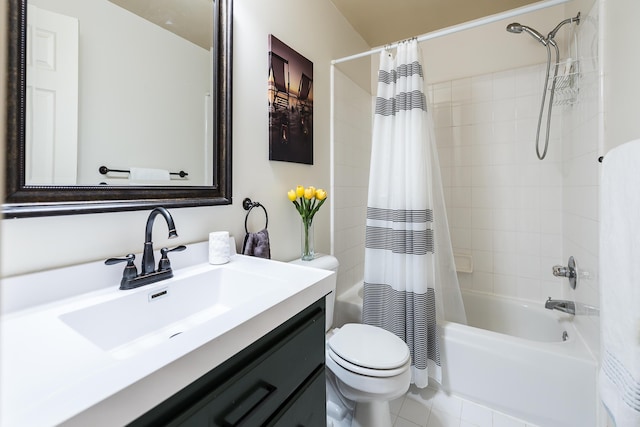 full bath featuring toilet, vanity, and shower / bath combination with curtain