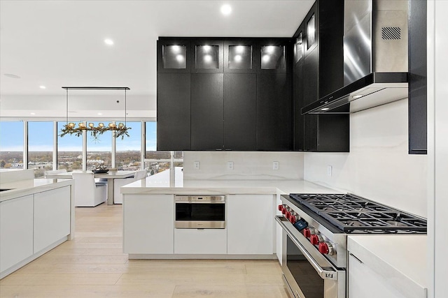 kitchen featuring wall chimney range hood, light countertops, light wood-type flooring, stainless steel appliances, and dark cabinets