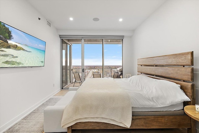 bedroom with access to exterior, visible vents, recessed lighting, and baseboards