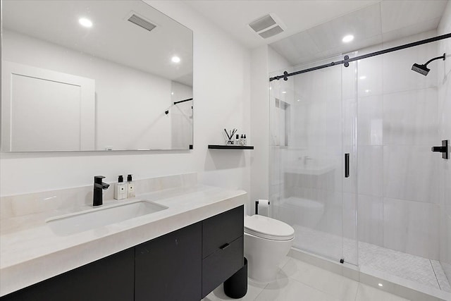 bathroom featuring visible vents, toilet, and a stall shower