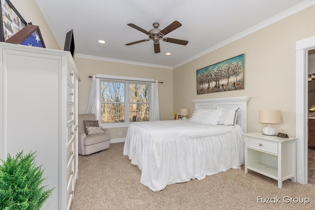 bedroom featuring recessed lighting, light colored carpet, ornamental molding, and a ceiling fan