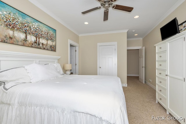 bedroom featuring baseboards, ornamental molding, light carpet, recessed lighting, and a ceiling fan