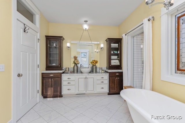 bathroom with vanity and a freestanding tub