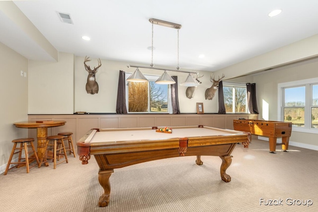 recreation room with visible vents, pool table, baseboards, carpet floors, and recessed lighting