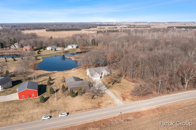 drone / aerial view featuring a water view and a rural view