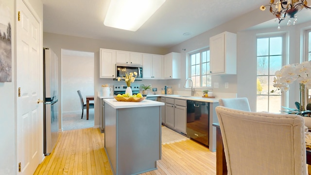 kitchen featuring light wood-style flooring, a sink, a center island, stainless steel appliances, and light countertops